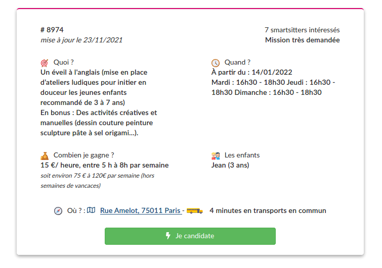 Le Smartsitting : Tableau des offres